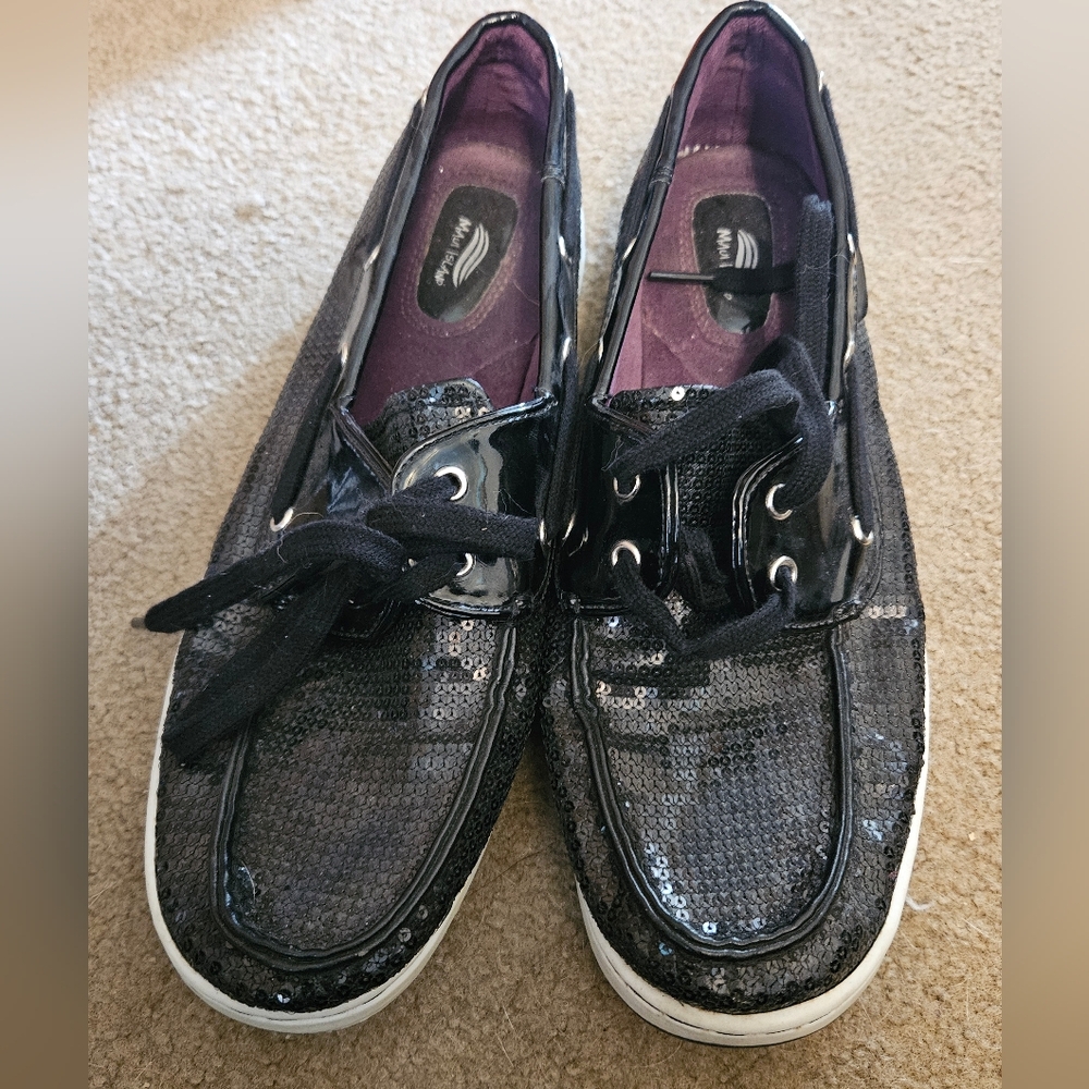 Maui Island Black Sequins Slip On Lace Loafer Boat Shoes size 10
